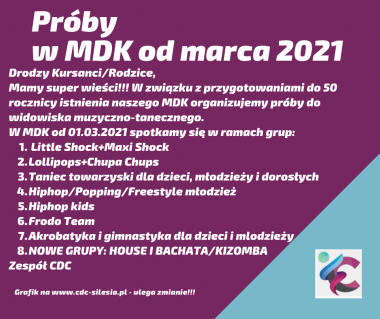 Próby i ćwiczenia w MDK Koszutka filia Dąb w Katowicach od MARCA 2021